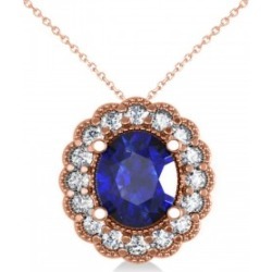 Blue Sapphire & Diamond Floral Oval Pendant 14k Rose Gold (2.98ct)