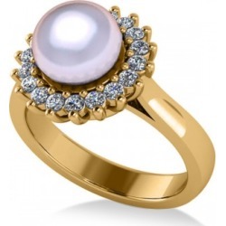 Pearl & Diamond Halo Engagement Ring 14k Yellow Gold 8mm (0.36ct)