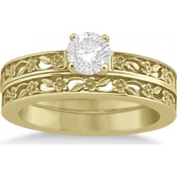 Flower Carved Solitaire Engagement Ring & Wedding Band 14k Yellow Gold