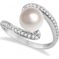 Bypass Freshwater Cultured Pearl & Diamond Ring 14K W. Gold (8mm)