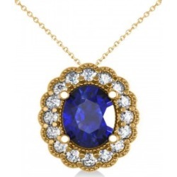 Blue Sapphire & Diamond Floral Oval Pendant 14k Yellow Gold (2.98ct)