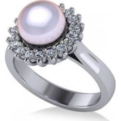 Pearl & Diamond Halo Engagement Ring 14k White Gold 8mm (0.36ct)