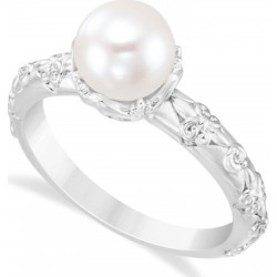 Vintage-Inspired Freshwater Pearl & Diamond Ring 14k White Gold (7.0-7.5mm)