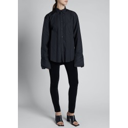 Cotton Poplin Long-Sleeve Collar Pleat Top