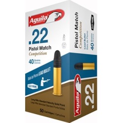 Aguila Pistol Match Competition Ammo 22 Long Rifle 40gr Lead Round Nose - 22 Long Rifle 40gr Lead Round Nose 500/Box