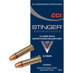 Cci Stinger Hypervelocity Ammo 22 Long Rifle 32gr Copper Plated Hp - 22 Long Rifle 32gr Copper Plated Hollow Point 50/Box