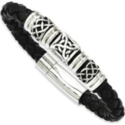 Chisel Stainless Steel Black Leather W/ Antiqued Beads 8.5in Bracelet
