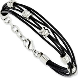 Chisel Stainless Steel Black Leather and Polished Beads 7.5in W/ext Bracelet