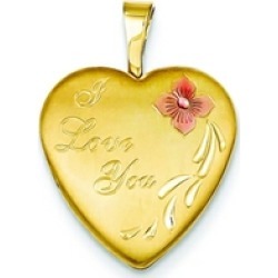 1/20 Gold Filled 16mm Enameled Flower I Love You Heart Locket Necklace - Chain Included