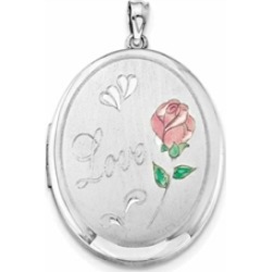 Sterling Silver Love W/ Enamel Rose 34mm Oval Locket Necklace