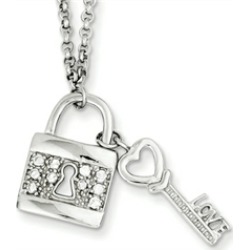 Sterling Silver Love Key W/ Hanging Lock and Cubic Zirconia Necklace