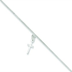 Sterling Silver 10" Solid Polished Cross On Box Chain Anklet