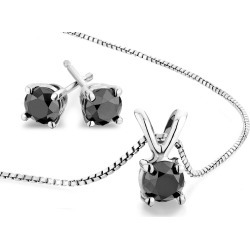 2.00 Carat (ctw) Black Diamond Solitaire Earrings and Necklace Set in Sterling Silver