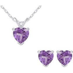 Amethyst Heart Earrings and Pendant Necklace Set 1.50 Carat (ctw) in Sterling Silver