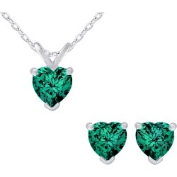 Created Emerald Heart Earrings and Pendant Necklace Set 1.50 Carat (ctw) in Sterling Silver