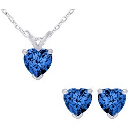 Created Dark Blue Sapphire Heart Earrings and Pendant Necklace Set 2.0 Carat (ctw) in Sterling Silver