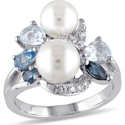 White Freshwater Cultured Pearl with London, Swiss and Sky Blue Topaz and Created White Sapphire Ring In Sterling Silve