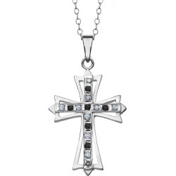 Black & White Accent Diamond Cross Pendant Necklace 18 Inches in Sterling Silver with Chain