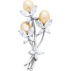 Cultured Pearl and Synthetic Cubic Zirconia (CZ) (CZ) Floral Brooch in Sterling Silver