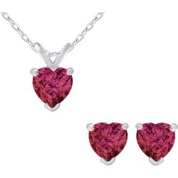 Created Ruby Heart Earrings and Pendant Necklace Set 1.50 Carat (ctw) in Sterling Silver