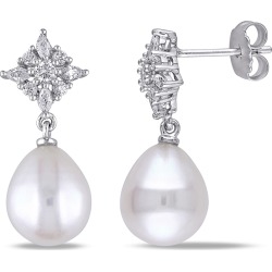 White Freshwater Cultured Pearl 9-9.5 mm and Synthetic Cubic Zirconia (CZ) Drop Earrings In Sterling Silver