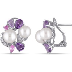 White Freshwater Cultured Pearl with Amethyst, Created Pink and Created Synthetic White Sapphire Cluster Earrings Sterl