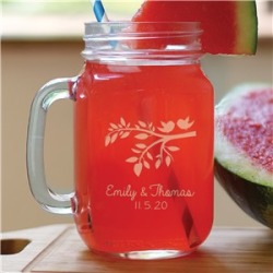 Engraved Bird and Branch Mason Jar