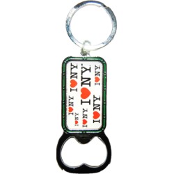 I Love NY All Over White Bottle Opener Rectangle Key Ring