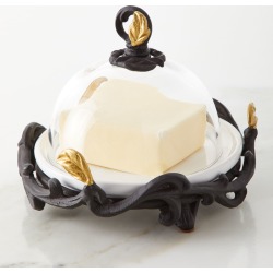 White Stoneware Glass Butter Tidbit Server with Metal Gold Leaf Base
