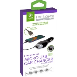 Premier Series Retract. Micro USB Car Charger with Xtra USB