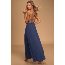 Lulus | Lost in Paradise Navy Blue Maxi Dress | Size Small | 100% Polyester
