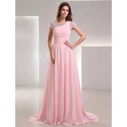 Sweet Pink Chiffon Lace Jewel Neck Fashion Evening Dress