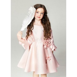 Blush Pink Flower Girl Dress Bell Sleeve Flowers Crewneck Flared Zipper Pageant Dress For Kids