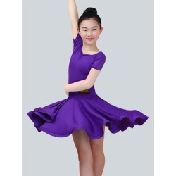 Latin Dance Costume Kids Plum Short Sleeve Ballroom Dance Dresses For Girls