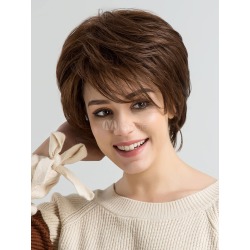 Short Hair Wig Side Swept Fringe Wavy Bouncy Deep Brown Women Human Hair Wig