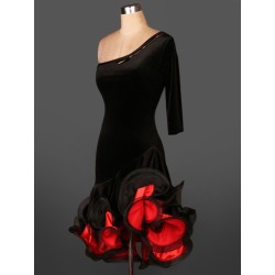 Latin Dance Dress Velour One Shoulder Half Sleeve Backless Two Tone Irregular Ruffles Latin Dance Costume