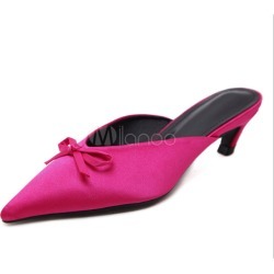 Fuchsia Mules Shoes Pointed Toe Bow Kitten Heel Backless Women's Slip On Mules