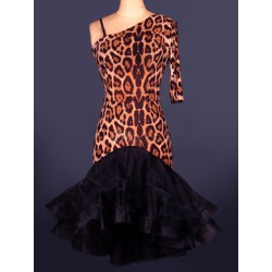 Latin Dance Costume Organza One Shoulder Half Sleeve Ruffles Bodycon Latin Dance Dress