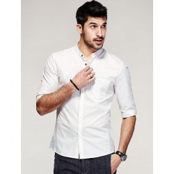 Men's White Shirt Button Cotton Half Sleeve Stand Collar Casual Shirt