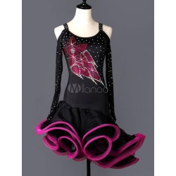Latin Dance Dress Cold Shoulder Long Sleeve Color Block Rhinestones Ruffles Bodycon Latin Dance Costume