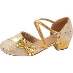 Gold Latin Dance Shoes Chunky Heel Round Toe Bows Ballroom Shoes For Kids