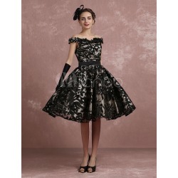 Black Prom Dresses 2018 Short Off The Shoulder Prom Dress Vintage Cocktail Dresses Lace Sweetheart Pleated A Line Knee Length Party Dress Milanoo
