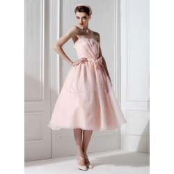 Vintage Pink Organza Bow Strapless Tea Length Fashion Evening Dress
