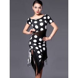 Latin Dance Dress Women's Round Neck Short Sleeve Polka Dot Irregular Sleeve Fringes Bodycon Latin Costume With Knee High Socks