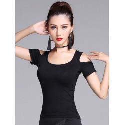 Latin Dance Costume Black Short Sleeve Cold Shoulder Latin Dance Top