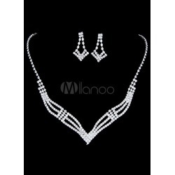 Bridal Jewellery Sets Silver Rhinestone Geometric Pierced Wedding Necklace And Earrings