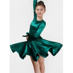 Latin Dance Dresses Kids Costume Satin Long Sleeve Round Neck Ballroom Dance Dresses For Girls
