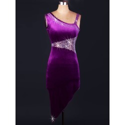 Latin Dance Costume Velour Purple One Shoulder Rhinestones Asymmetrical Design Bodycon Latin Dance Dress
