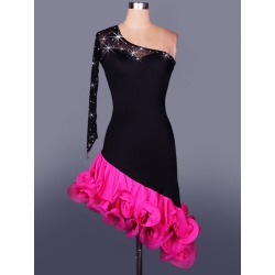 Latin Dance Dress Organza One Shoulder Long Sleeve Rhinestone Two Tone Ruffles Bodycon Latin Dance Costume