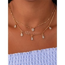 Layered Necklace Women Rhinestone Snowflake Drop Multi Chain Golden Necklace